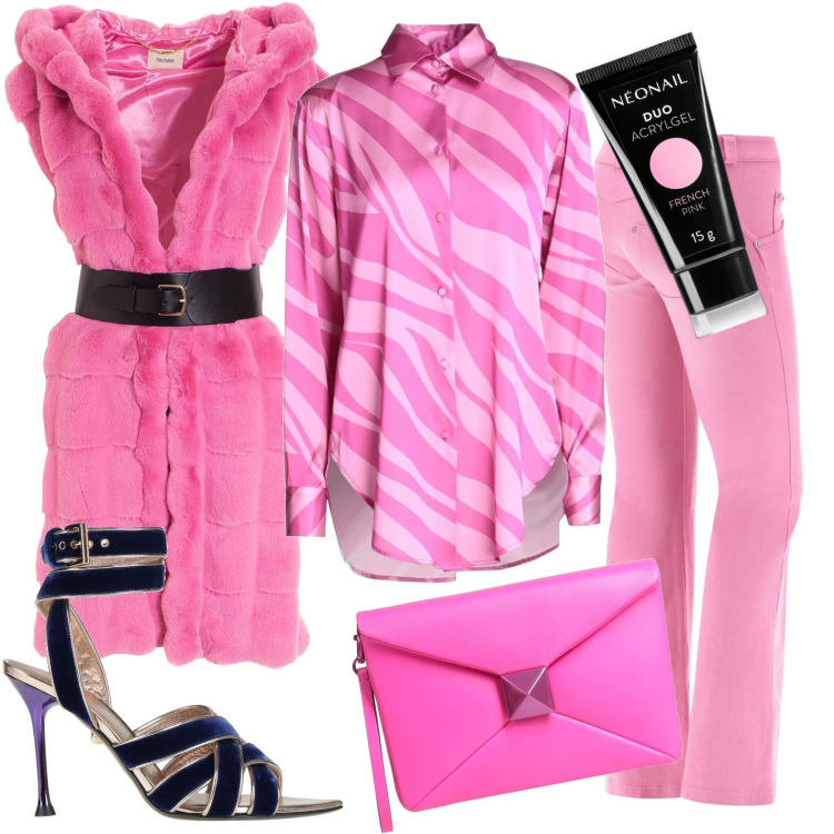 Outfit donna - Serata rose\'. Stile Casual chic per Serata fuori. Abbinamento con sandali col tacco, camicie, borse a mano, smalti, pantaloni, gilet.