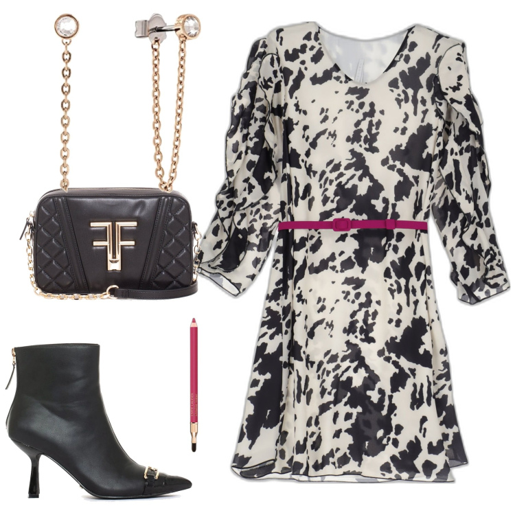 Outfit donna - Miniabito fantasia astratta. Stile Casual chic per Tutti i giorni. Abbinamento con matite labbra, stivaletti, pochette, vestiti corti, orecchini.