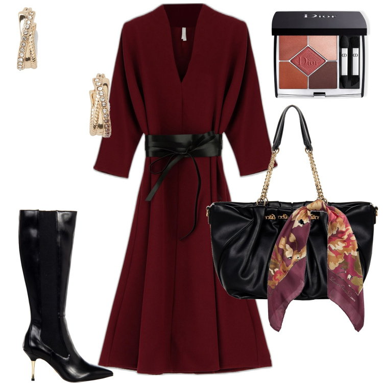 Outfit donna - Abito melanzana. Stile Vintage retrò per Tutti i giorni. Abbinamento con ombretti, stivali sopra il ginocchio, borse a spalla, vestiti midi/longuette, orecchini, foulard.