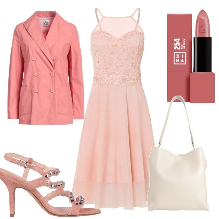 Outfit donna - Delicato come il Cerasuolo d’Abruzzo. Stile Romantica per Cerimonia. Abbinamento con vestiti, sandali in pelle, blazer, borse a spalla, rossetti.