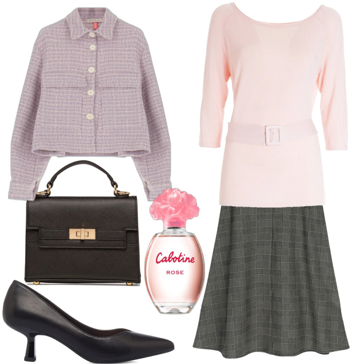 Outfit donna - Gonna a ruota pied-de-poule. Stile Trendy per Ufficio. Abbinamento con profumi, giacche, maglieria, gonne longuette, décolleté, borse a mano.