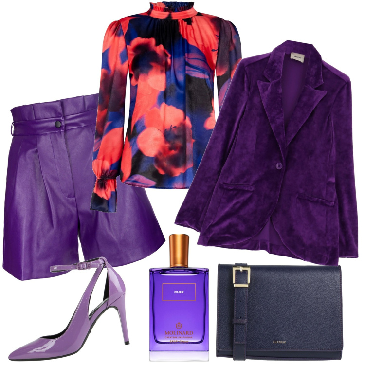 Outfit donna - Purple life. Stile Chic per Tutti i giorni. Abbinamento con borse a tracolla, décolleté, profumi, bluse, pantaloni corti, giacche.