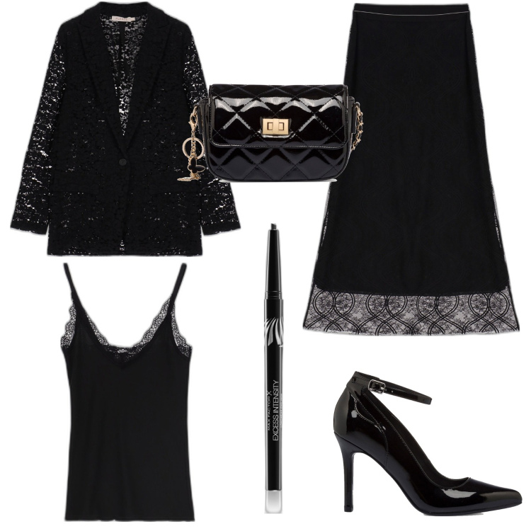 Outfit donna - Total black goth. Stile Trendy per Serata fuori. Abbinamento con eyeliner, giacche, canottiere, gonne longuette, borse a tracolla, décolleté.