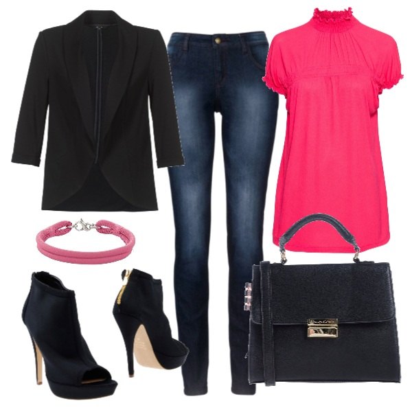 Outfit donna - Casual Friday. Stile Trendy per Ufficio. Abbinamento con jeans skinny, maglia fucsia, stivaletti con tacco spillo e zip open toe tinta unita, borsa a mano cartella con manico taglia media a scatto in pelle sintetica fondo con piedini, giacca nero, bracciale in argento 925.