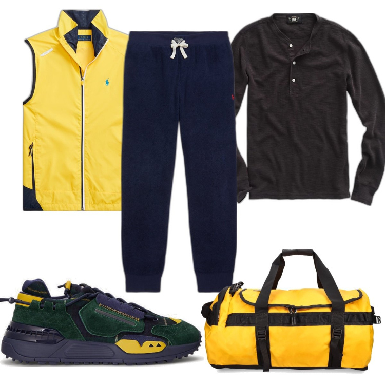 Outfit uomo - Total look #1713651. Stile Trendy per Sport. Abbinamento con t-shirt, gilet, pantaloni, sneakers, borse sportive.