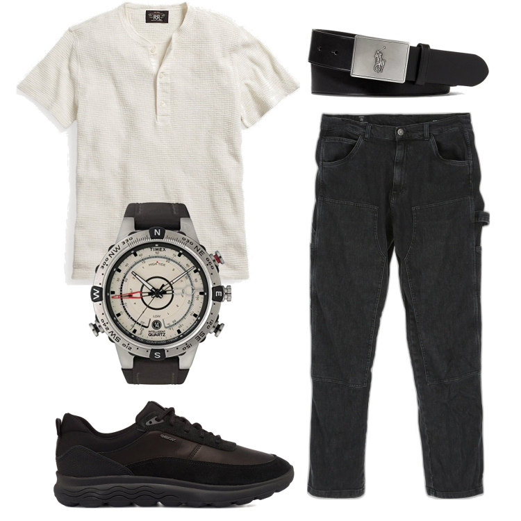 Outfit uomo - Basic. Stile Casual per Tutti i giorni. Abbinamento con pantaloni, t-shirt, cinture, sneakers, orologi digitali.