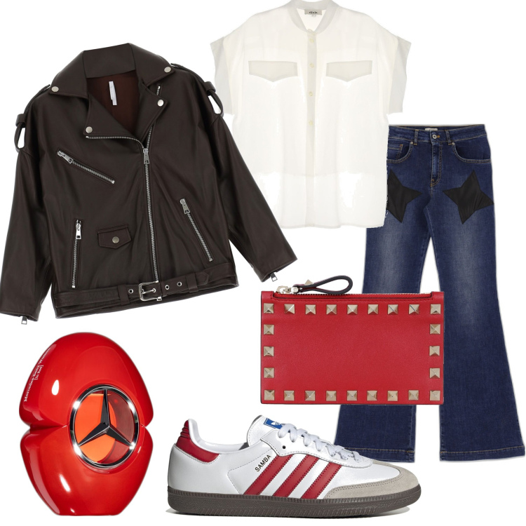 Outfit donna - Dinamica. Stile Trendy per Tutti i giorni. Abbinamento con profumi, giacche, jeans, camicie a manica corta, sneakers, portafogli.