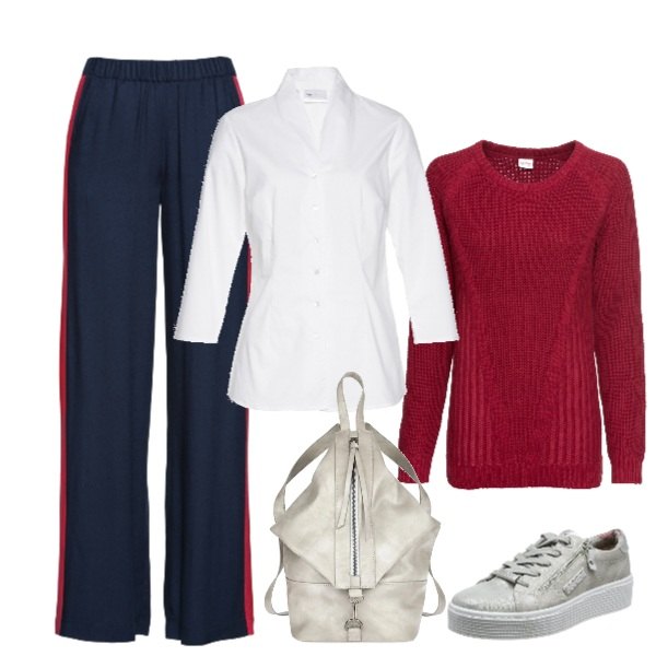 Outfit donna - Comoda al parco. Stile Urban per Tutti i giorni. Abbinamento con camicie, pantalone wide leg con bande laterali contrasto blu, pullover rosso e corda, zaino con zip grigio, scarpe da ginnastica marrone.