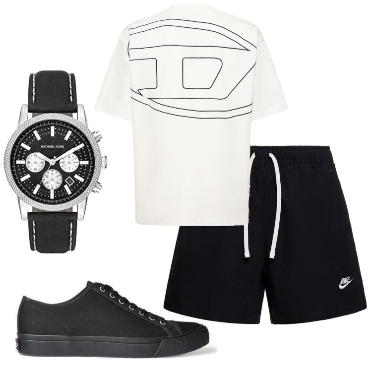 Outfit uomo - D. Stile Casual per Sport. Abbinamento con sneakers, t-shirt, shorts, orologi.