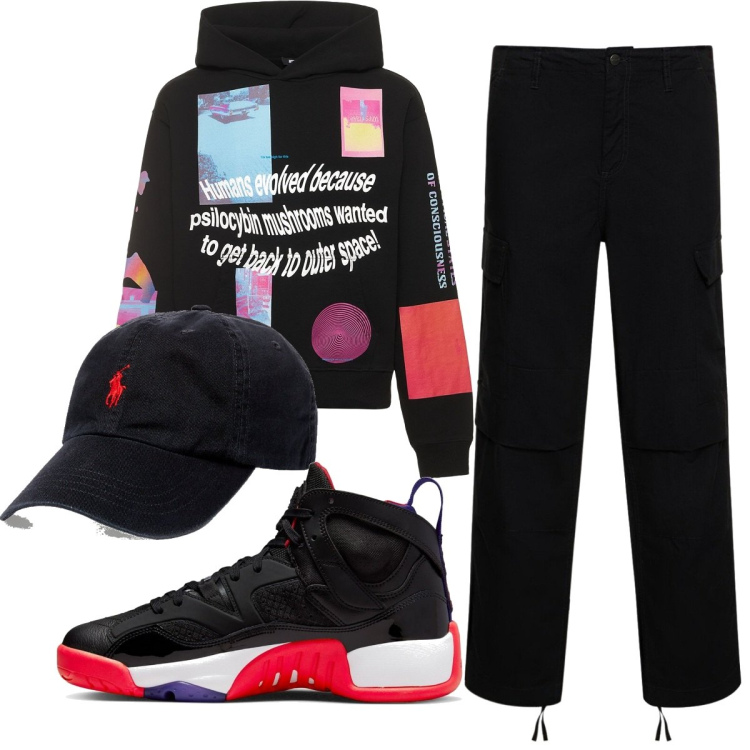 Outfit uomo - Felpa collage. Stile Casual per Sport. Abbinamento con cappelli, felpe con cappuccio, sneakers, pantaloni cargo.