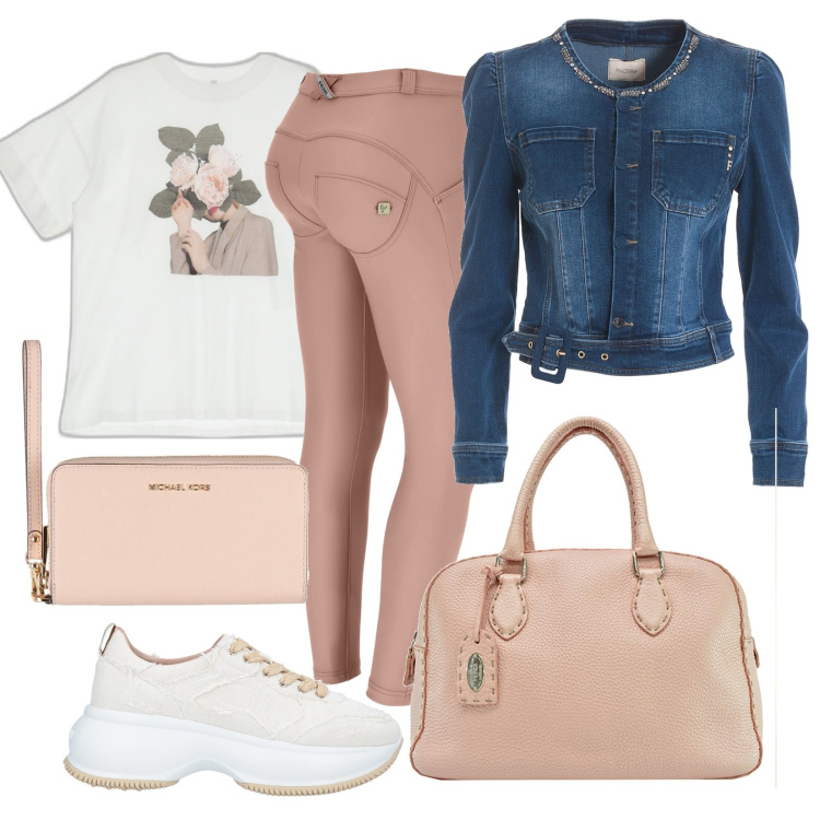 Outfit donna - Colori delicati per l\'autunno. Stile Casual chic per Tutti i giorni. Abbinamento con sneakers, borse a mano, portafogli, blazer, t-shirt, pantaloni skinny.