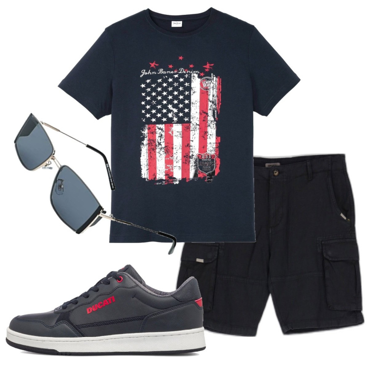 Outfit uomo - Total look #1713707. Stile Casual per Tutti i giorni. Abbinamento con t-shirt, bermuda, sneakers, occhiali da sole.