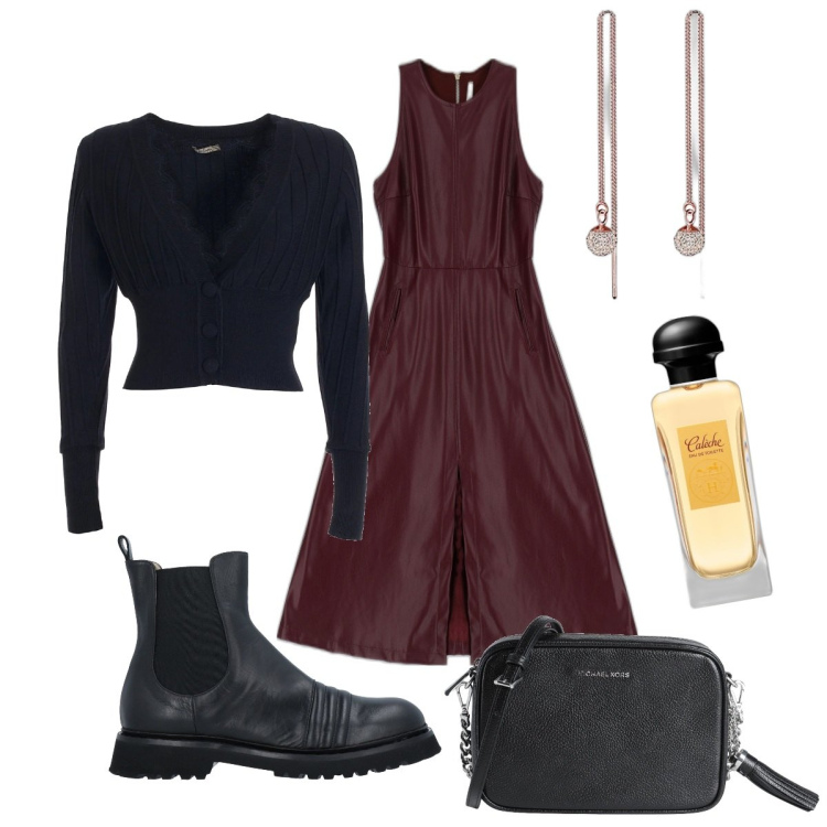 Outfit donna - Stasera pizza con Mariella. Stile Casual chic per Serata fuori. Abbinamento con stivaletti, borse a tracolla, profumi, cardigans, vestiti midi/longuette, orecchini.