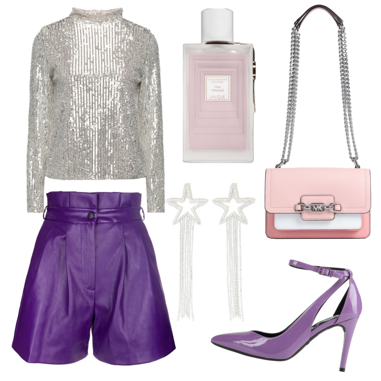 Outfit donna - Mood glamour. Stile Glamour per Serata fuori. Abbinamento con décolleté, bluse, borse a spalla, profumi, pantaloni corti, orecchini.