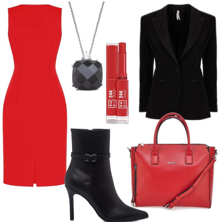 Outfit donna - Cena in Rosso. Stile Chic per Serata fuori. Abbinamento con rossetti, vestiti midi/longuette, giacche, stivaletti, borse a mano, collane.