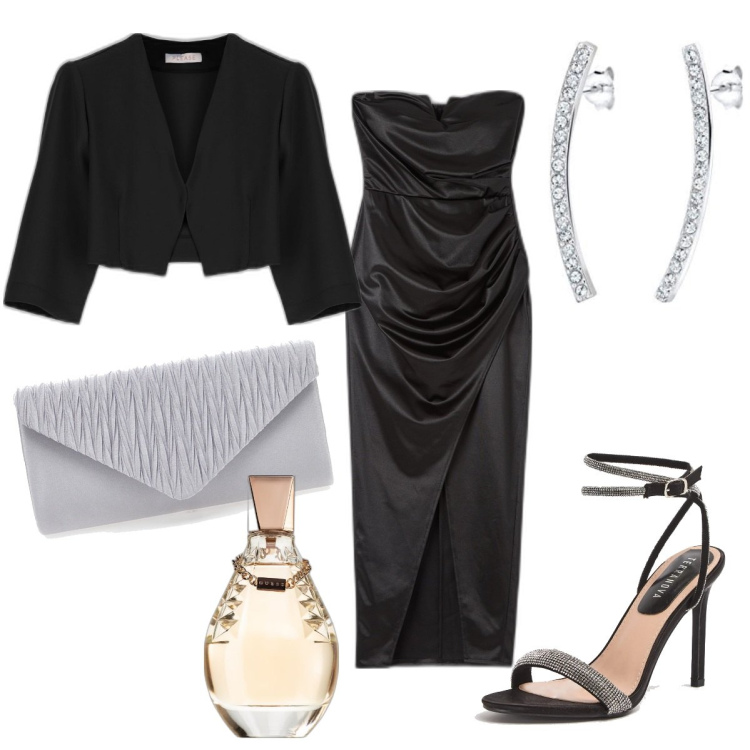 Outfit donna - Diciottesimo. Stile Chic per Cerimonia. Abbinamento con profumi, vestiti lunghi, sandali col tacco, giacche, pochette, orecchini.