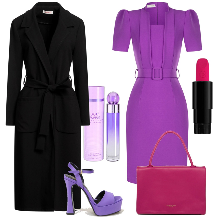 Outfit donna - Viola...a teatro. Stile Chic per Serata fuori. Abbinamento con cappotti, profumi, rossetti, vestiti a tubino, sandali col tacco, borse a mano.