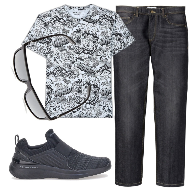 Outfit uomo - Fumetti. Stile Casual per Tutti i giorni. Abbinamento con jeans dritti, t-shirt, sneakers, occhiali da sole.
