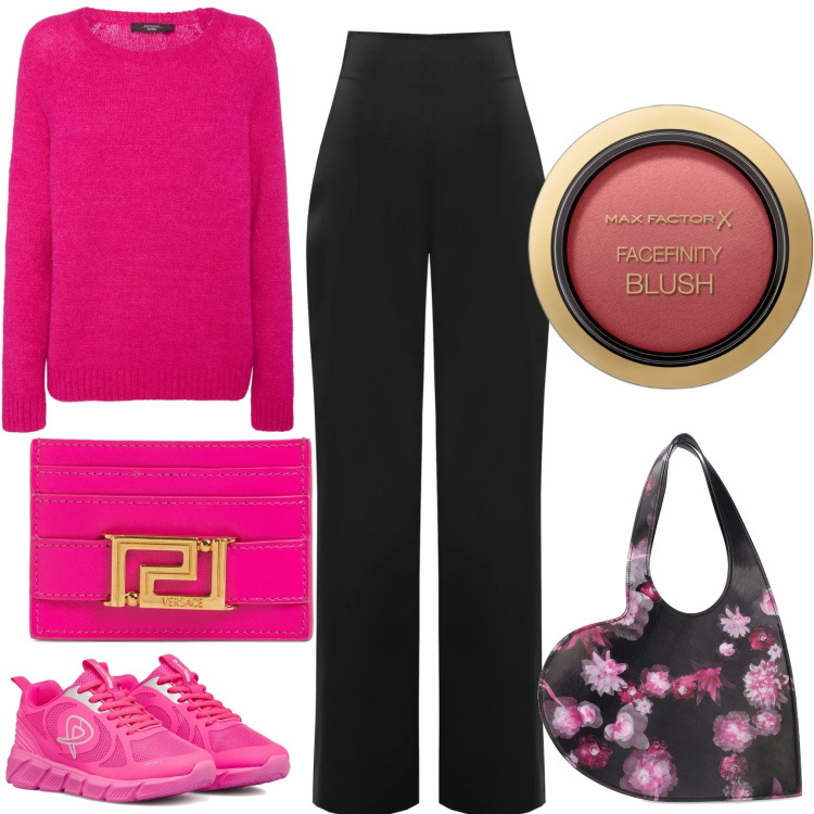 Outfit donna - Shopping il sabato mattina. Stile Sporty chic per Tutti i giorni. Abbinamento con blush, pantaloni a palazzo, scarpe sportive, maglieria, shopping bag, portafogli.