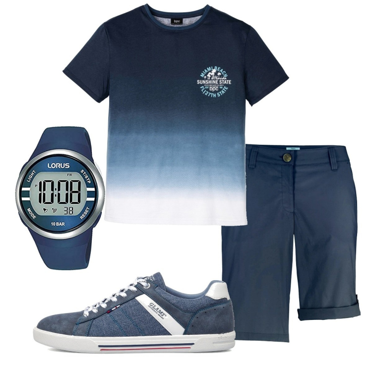 Outfit uomo - Total look #1713828. Stile Casual per Tutti i giorni. Abbinamento con bermuda, t-shirt, sneakers, orologi digitali.