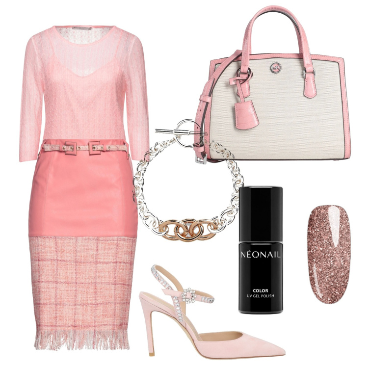 Outfit donna - Un donnafugata rose\'. Stile Bon Ton per Ufficio. Abbinamento con gonne longuette, pullovers, borse a mano, décolleté, smalti, braccialetti.