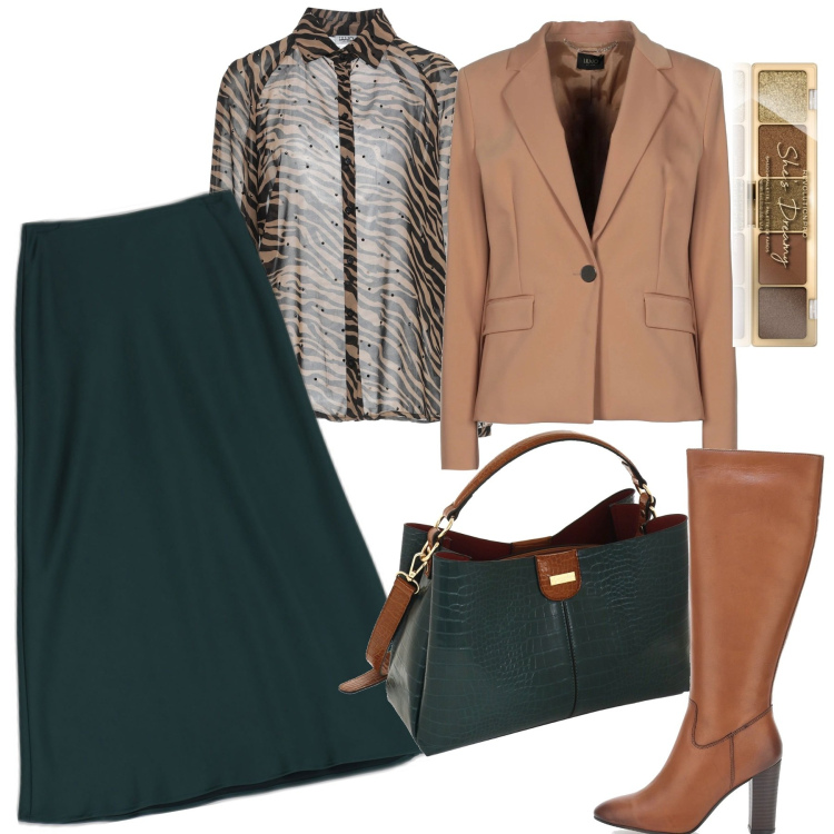 Outfit donna - Un mix chic. Stile Trendy per Tutti i giorni. Abbinamento con blazer, camicie, ombretti, gonne longuette, stivali, borse a mano.