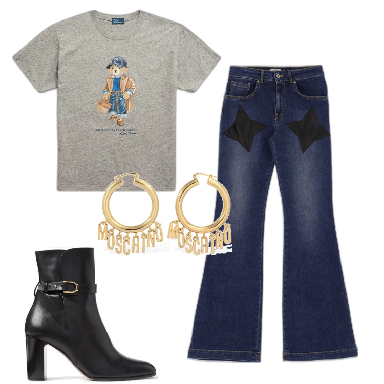 Outfit donna - Casual. Stile Casual per Scuola/Università. Abbinamento con t-shirt, stivaletti, jeans, orecchini.