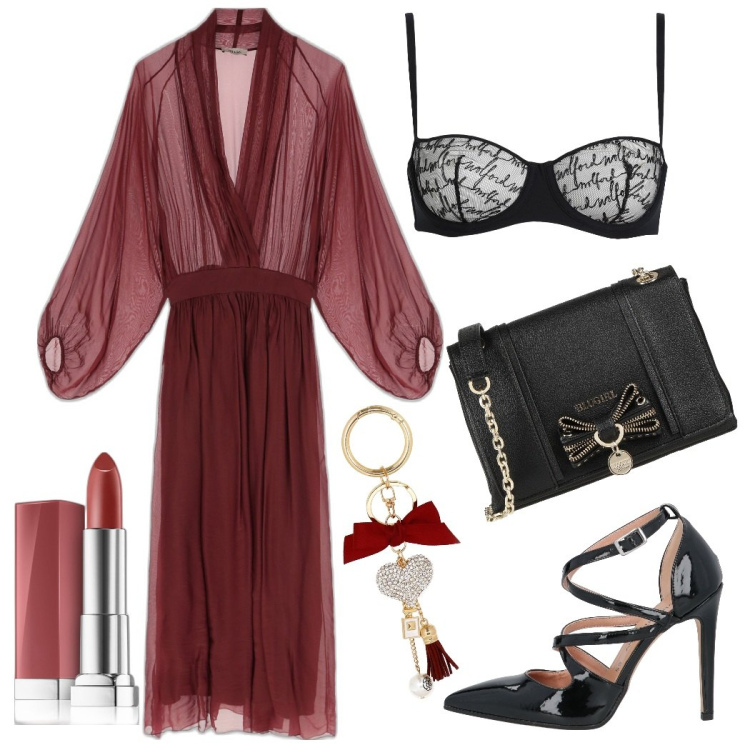 Outfit donna - Look ispirazione Barolo. Stile Chic per Serata fuori. Abbinamento con reggiseni a balconcino, décolleté, borse a tracolla, rossetti, vestiti lunghi, portachiavi.
