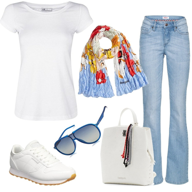 Outfit mujer - Basic #12398. Estilo Basic para Todos los días. Combinación con sneakers, camiseta, bufandas, gafas de sol, vaqueros bootcut, mochilas.