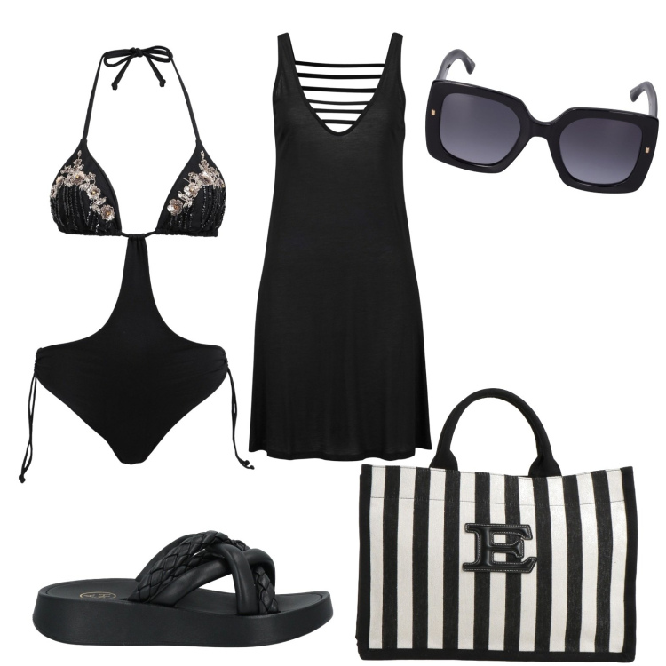 Outfit donna - Sea black. Stile Glamour per Mare. Abbinamento con vestiti da spiaggia, sandali in pelle, bikini, borse a mano, occhiali da sole.