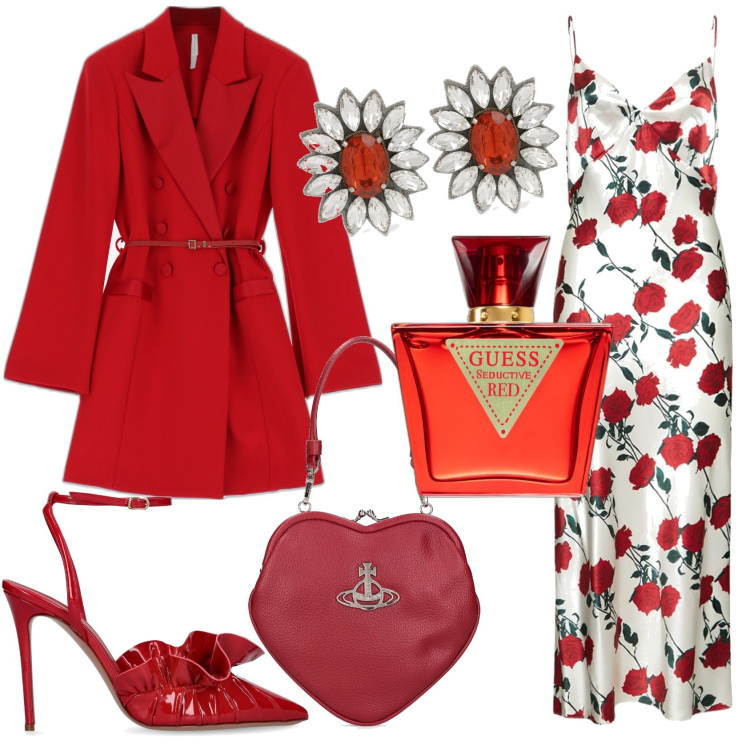 Outfit donna - A cena in rosso. Stile Chic per Serata fuori. Abbinamento con profumi, vestiti corti, vestiti, décolleté, orecchini, borse a mano.