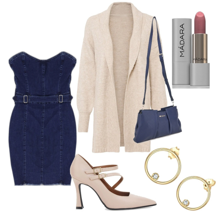 Outfit donna - Il tubino in denim. Stile Casual chic per Tutti i giorni. Abbinamento con cardigans, rossetti, vestiti corti, décolleté, orecchini, borse a tracolla.