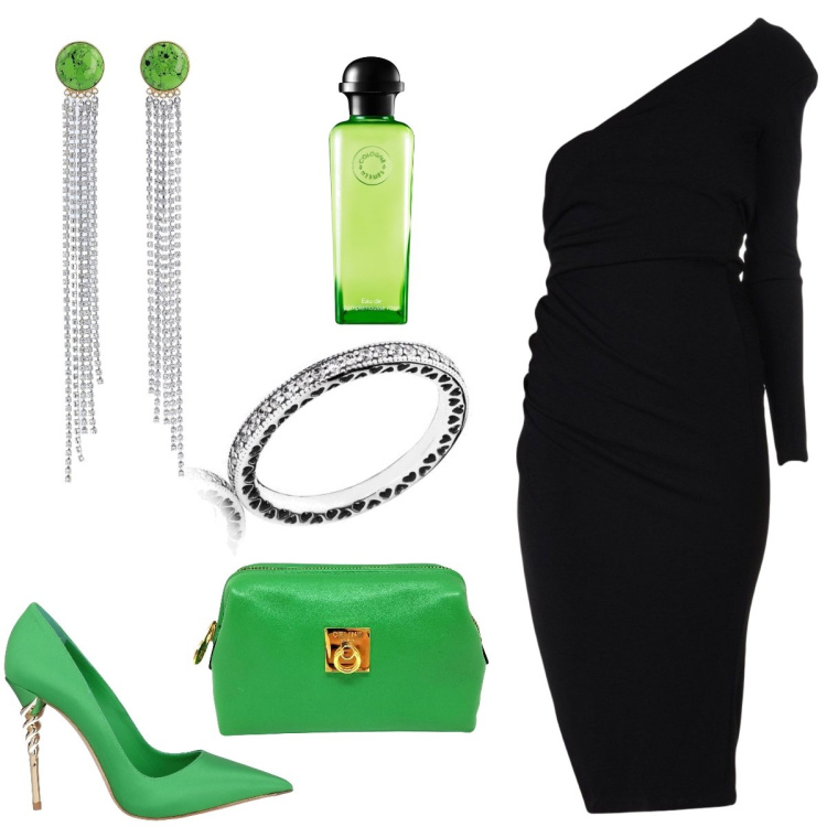 Outfit donna - Serata fuori. Stile Trendy per Serata fuori. Abbinamento con vestiti asimmetrici, décolleté, borse a mano, profumi, orecchini, anelli.