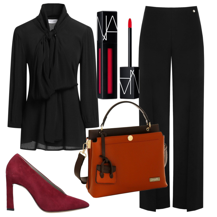 Outfit donna - A cena fuori minimal. Stile Minimal per Serata fuori. Abbinamento con bluse, décolleté, rossetti, pantaloni a palazzo, borse a mano.