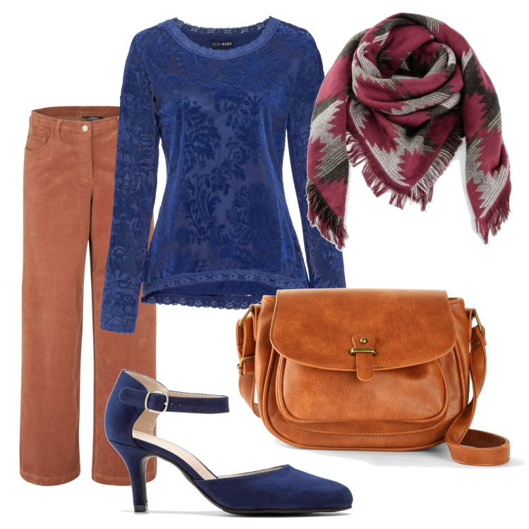 Outfit donna - blu e cuoio in ufficio. Stile Casual per Ufficio. Abbinamento con borse a tracolla, maglieria, pantaloni, décolleté, foulard.