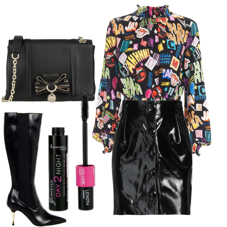 Outfit donna - La mini di vernice. Stile Glamour per Serata fuori. Abbinamento con minigonne, borse a tracolla, mascara, stivali sopra il ginocchio, bluse.