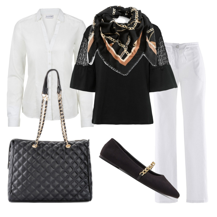 Outfit donna - Chains. Stile Casual per Scuola/Università. Abbinamento con pantaloni a palazzo, camicie, shopping bag, maglieria, ballerine, foulard.