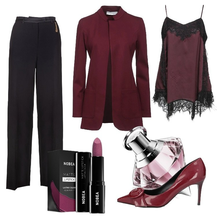 Outfit donna - Rosso accattivante, morbido e intenso. Stile Chic per Serata fuori. Abbinamento con blazer, top, décolleté, profumi, rossetti, pantaloni a palazzo.