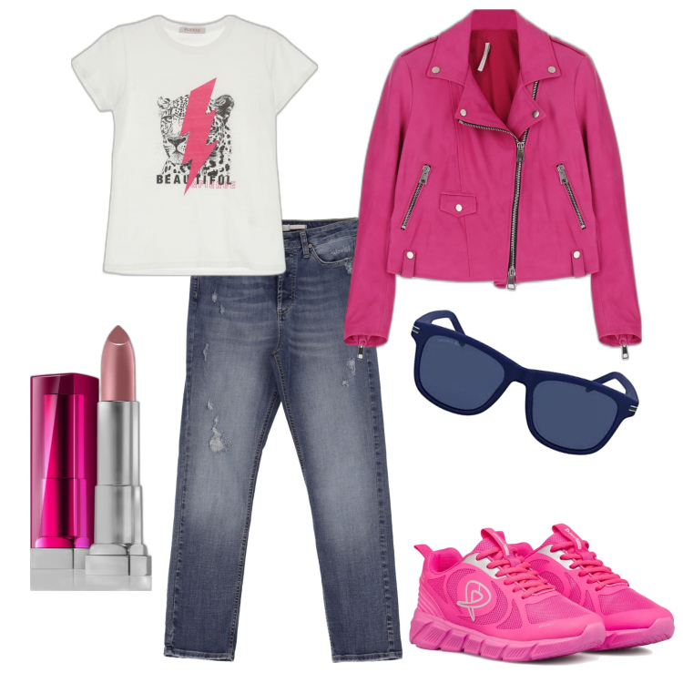 Outfit donna - Total look #1714010. Stile Casual per Tutti i giorni. Abbinamento con rossetti, jeans dritti, t-shirt, giacche, scarpe sportive, occhiali da sole.