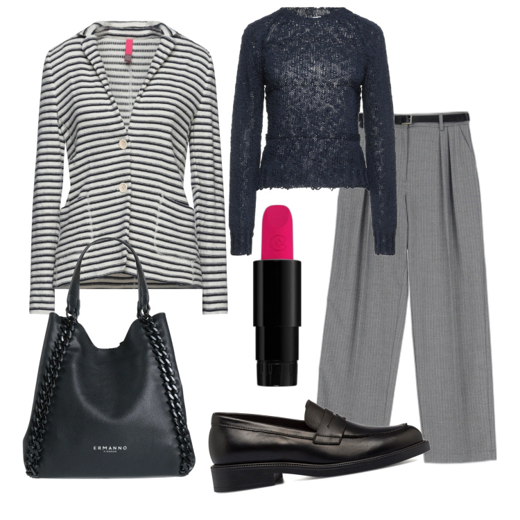 Outfit donna - I mocassini. Stile Casual per Tutti i giorni. look ideale per Tall. Abbinamento con blazer, borse a mano, pullovers, rossetti, pantaloni a palazzo, mocassini.