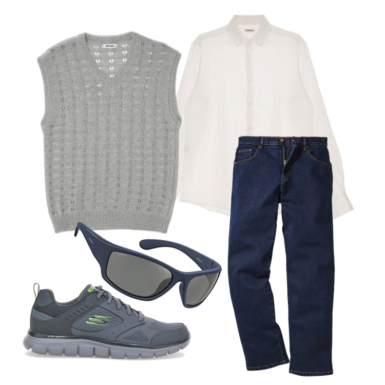 Outfit uomo - Ghost outfitter - settembre. Stile Casual per Ufficio. Abbinamento con jeans dritti, gilet, camicie, occhiali da sole, sneakers.