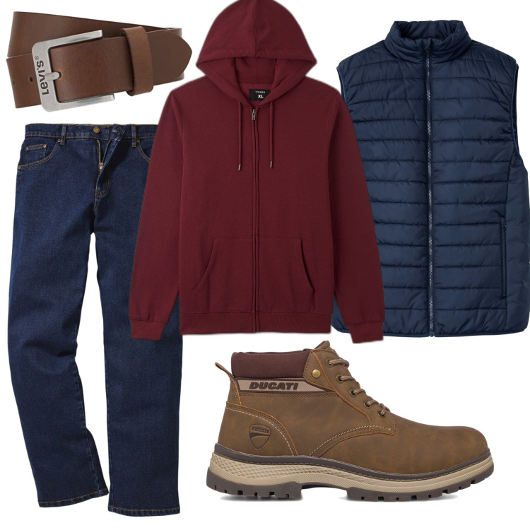 Outfit uomo - Foliage di n campagna. Stile Casual per Tutti i giorni. Abbinamento con jeans dritti, gilet, felpe con cappuccio, stivali e stivaletti, cinture.