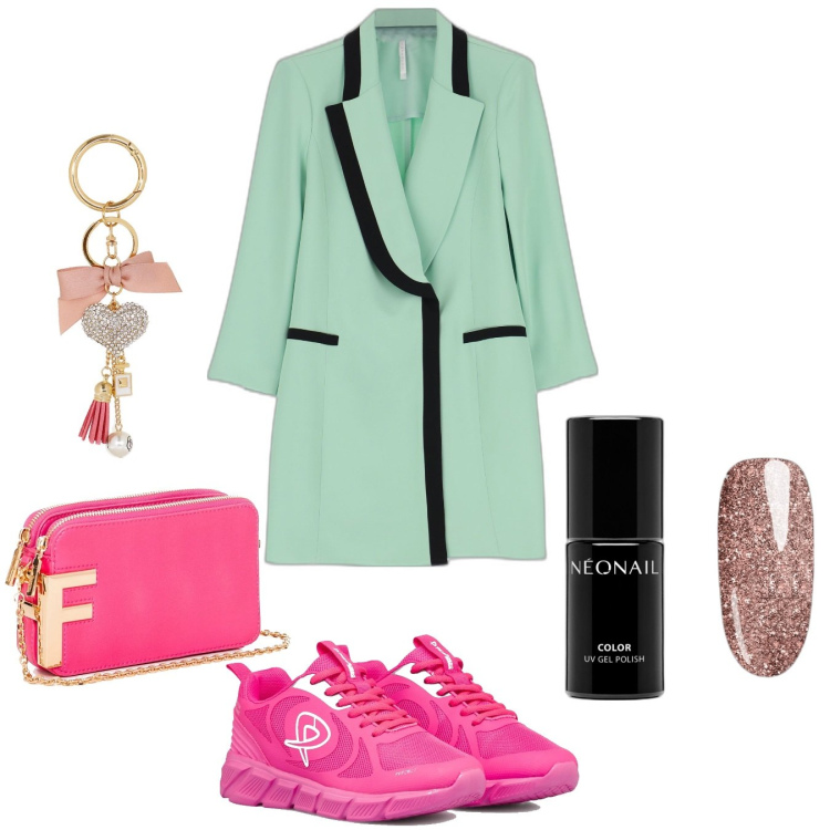 Outfit donna - Total look #1714082. Stile Casual chic per Serata fuori. Abbinamento con smalti, vestiti midi/longuette, pochette, scarpe sportive, portachiavi.