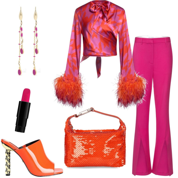 Outfit donna - Serata fuori. Stile Glamour per Serata fuori. Abbinamento con camicie, sandali in pelle, rossetti, orecchini, borse a mano, pantaloni.