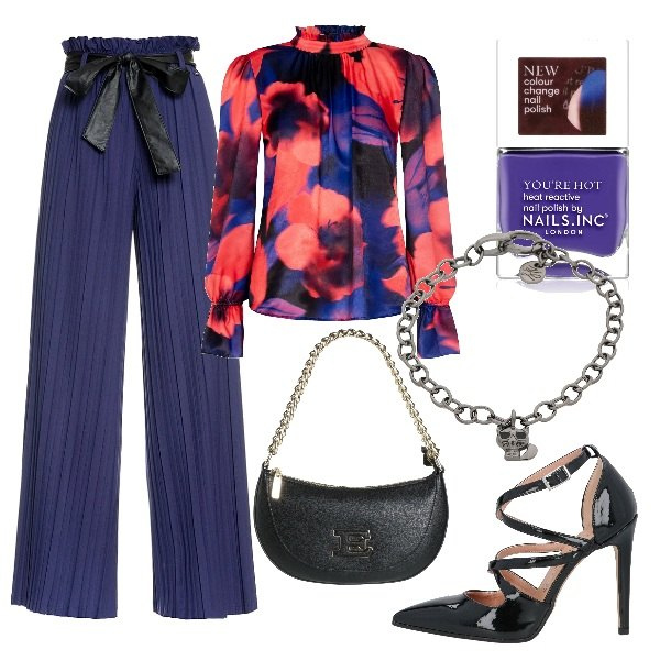 Outfit donna - Total look #1714151. Stile Glamour per Serata fuori. Abbinamento con braccialetti, décolleté, borse a mano, smalti, bluse, pantaloni a palazzo.
