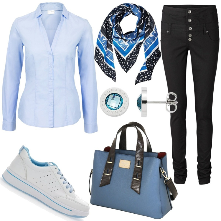 Outfit donna - Tempo libero. Stile Casual per Tutti i giorni. Abbinamento con camicie, pantaloni skinny, sneakers, borse a mano, orecchini, sciarpe.