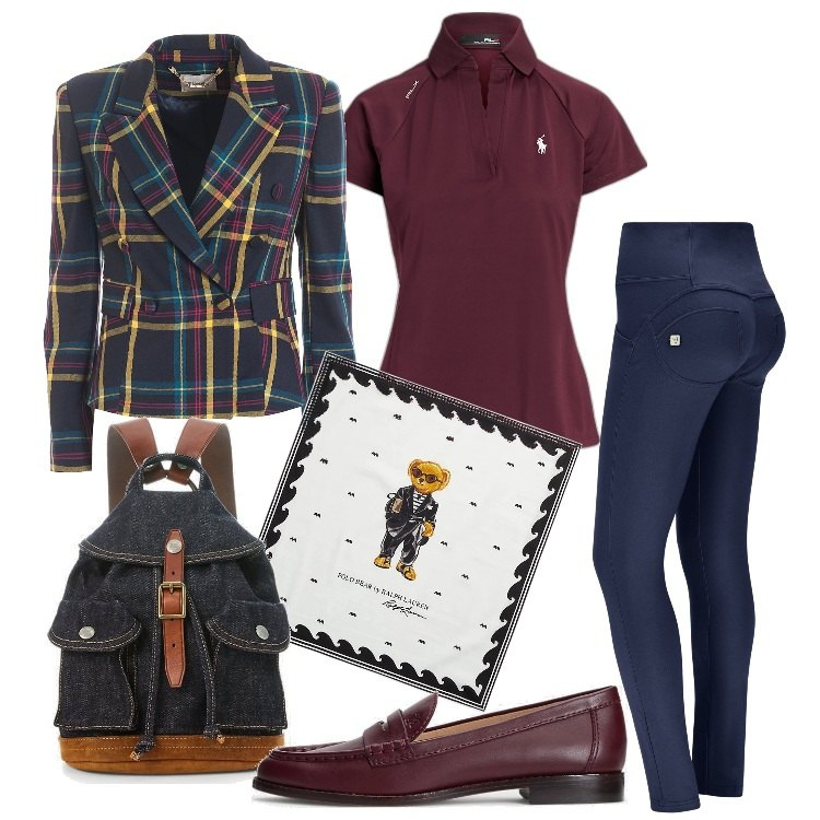 Outfit donna - Nuovo inizio nuovo look. Stile Preppy per Scuola/Università. Abbinamento con blazer, pantaloni skinny, zaini, foulard, polo, mocassini.
