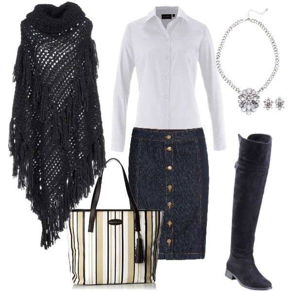 Outfit donna - Freschetto. Stile Urban per Scuola/Università. look ideale per Tall. Abbinamento con camicie, gonna, stivali sopra il ginocchio, collier, mantella senza tasche lavorato a maglia collo alto interno sfoderato tinta unita, shopping bag multicolore e nero.