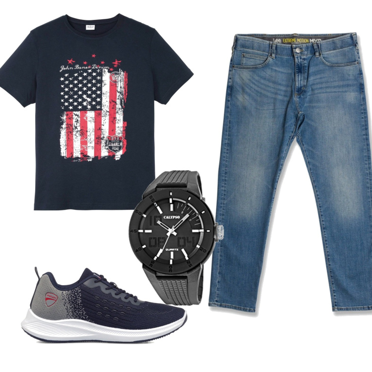 Outfit uomo - American flag sulla t-shirt. Stile Casual per Tutti i giorni. Abbinamento con t-shirt, sneakers, jeans slim fit, orologi.