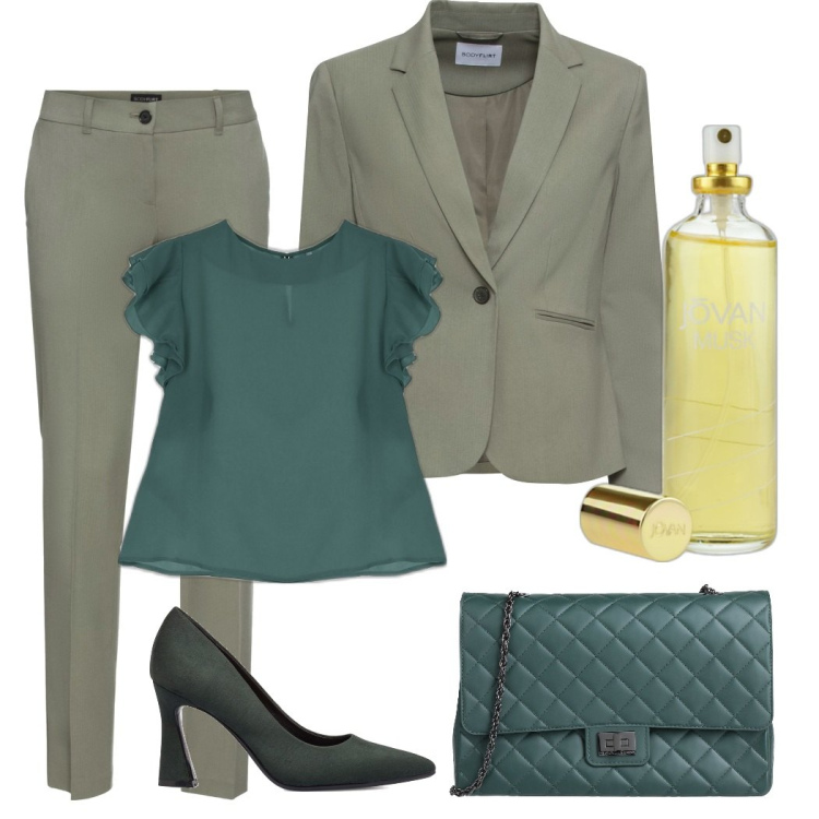 Outfit donna - Tailleur verde. Stile Bon Ton per Serata fuori. Abbinamento con blazer, pantaloni, borse a tracolla, profumi, canottiere, décolleté.